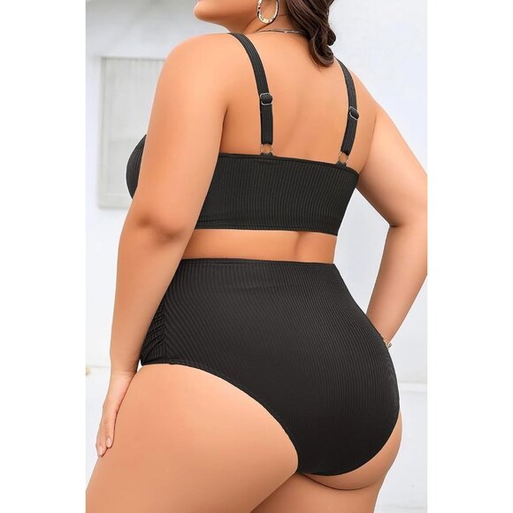 Plus Size 2 Piece Swimsuit Women's 24 PLUS Black High Waisted Bikini Ribbed NEW! - Picture 2 of 6